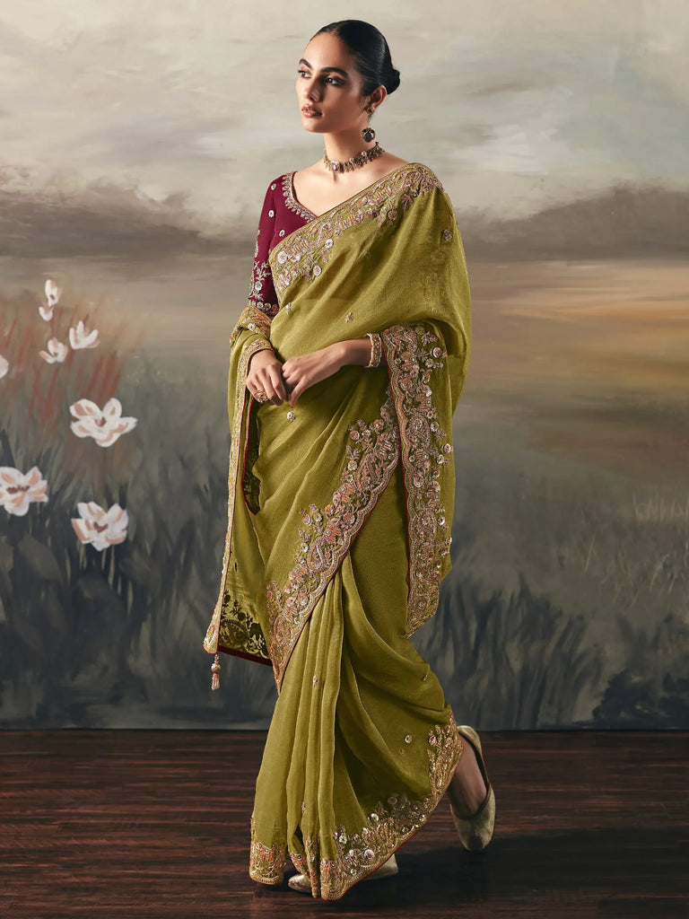 Wonderful Green Zari Embroidered Silk Wedding Wear Saree With Blouse
