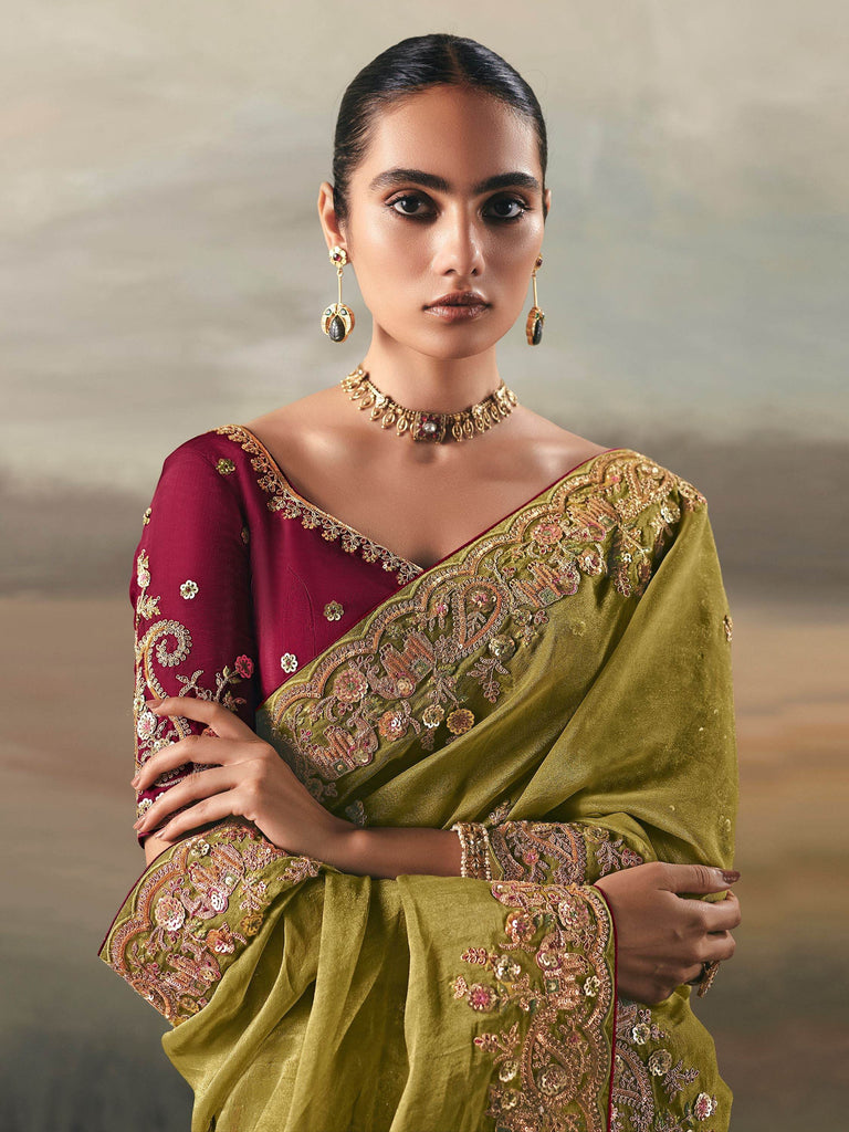 Wonderful Green Zari Embroidered Silk Wedding Wear Saree With Blouse
