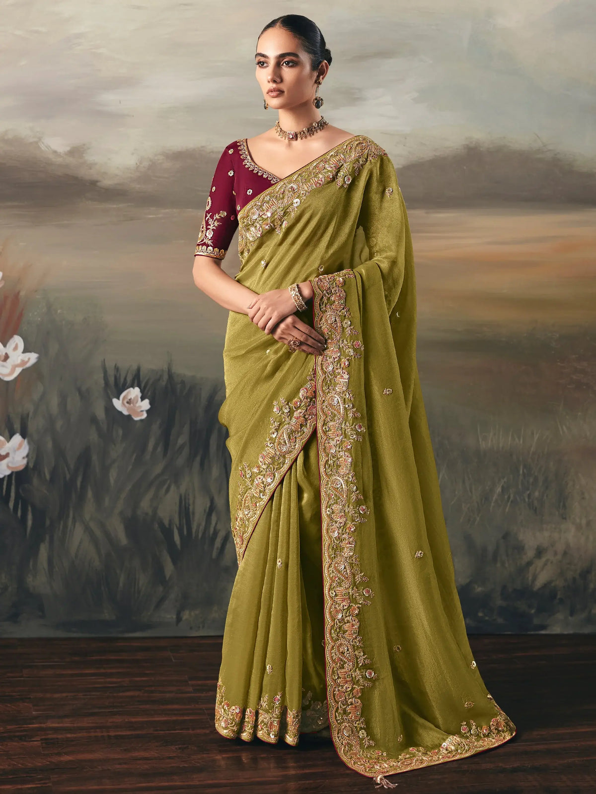 Wonderful Green Zari Embroidered Silk Wedding Wear Saree With Blouse