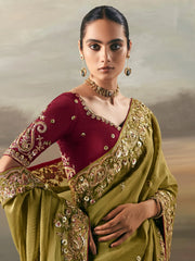 Wonderful Green Zari Embroidered Silk Wedding Wear Saree With Blouse