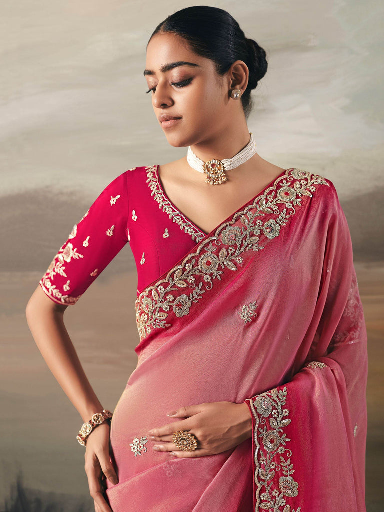 Captivating Pink  Zari Embroidered Silk Party Wear Saree With Blouse