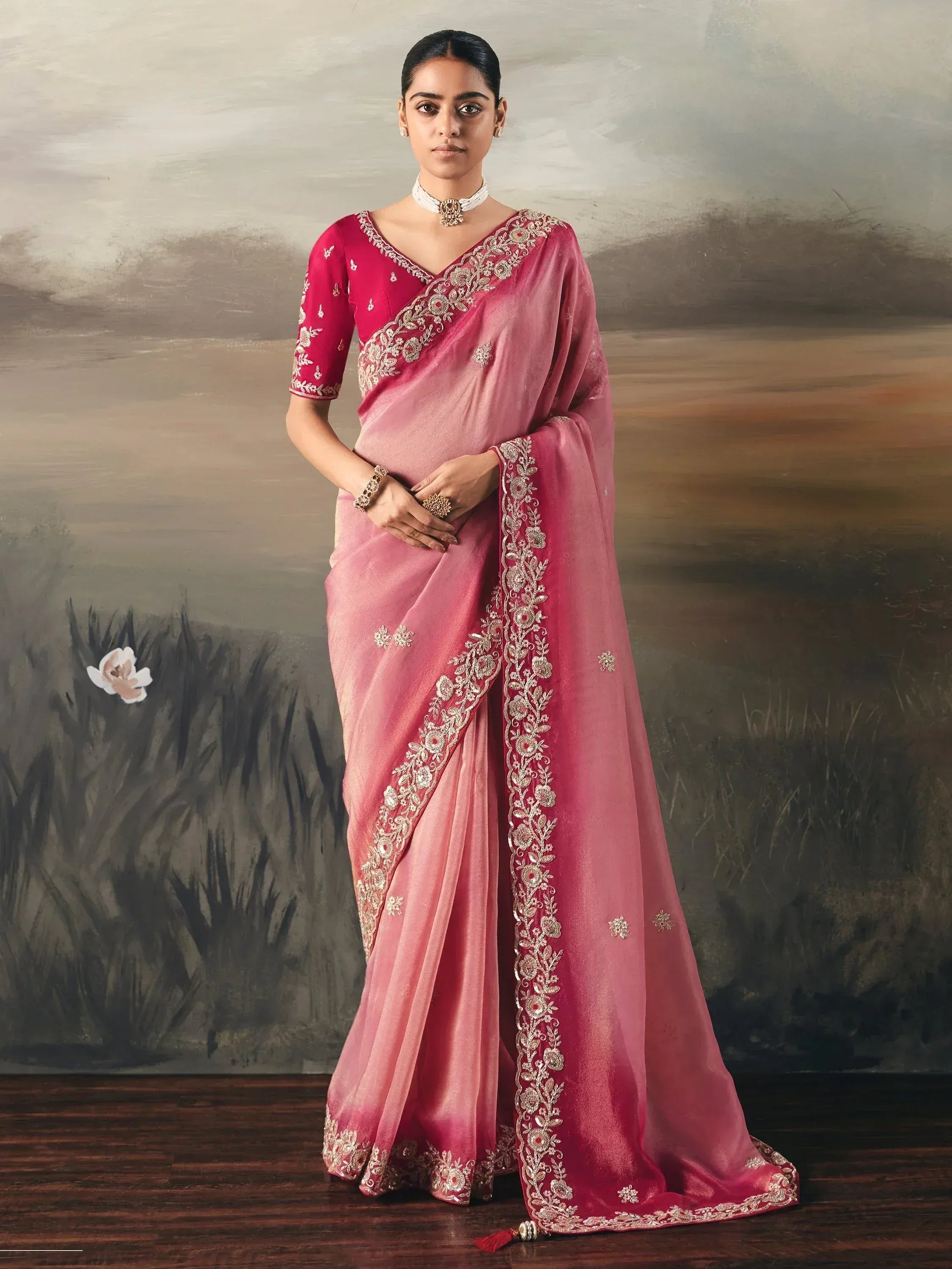 Captivating Pink  Zari Embroidered Silk Party Wear Saree With Blouse