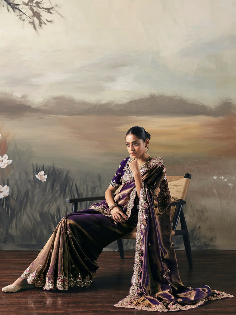 Stunning Brown Shaded Diamond Work Silk Party Wear Saree With Blouse