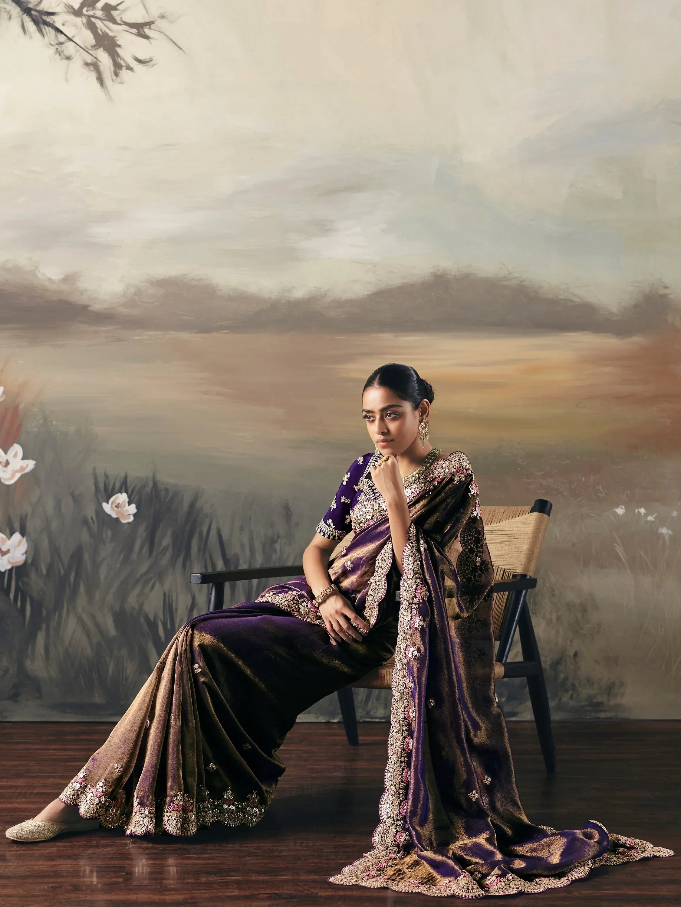 Stunning Brown Shaded Diamond Work Silk Party Wear Saree With Blouse