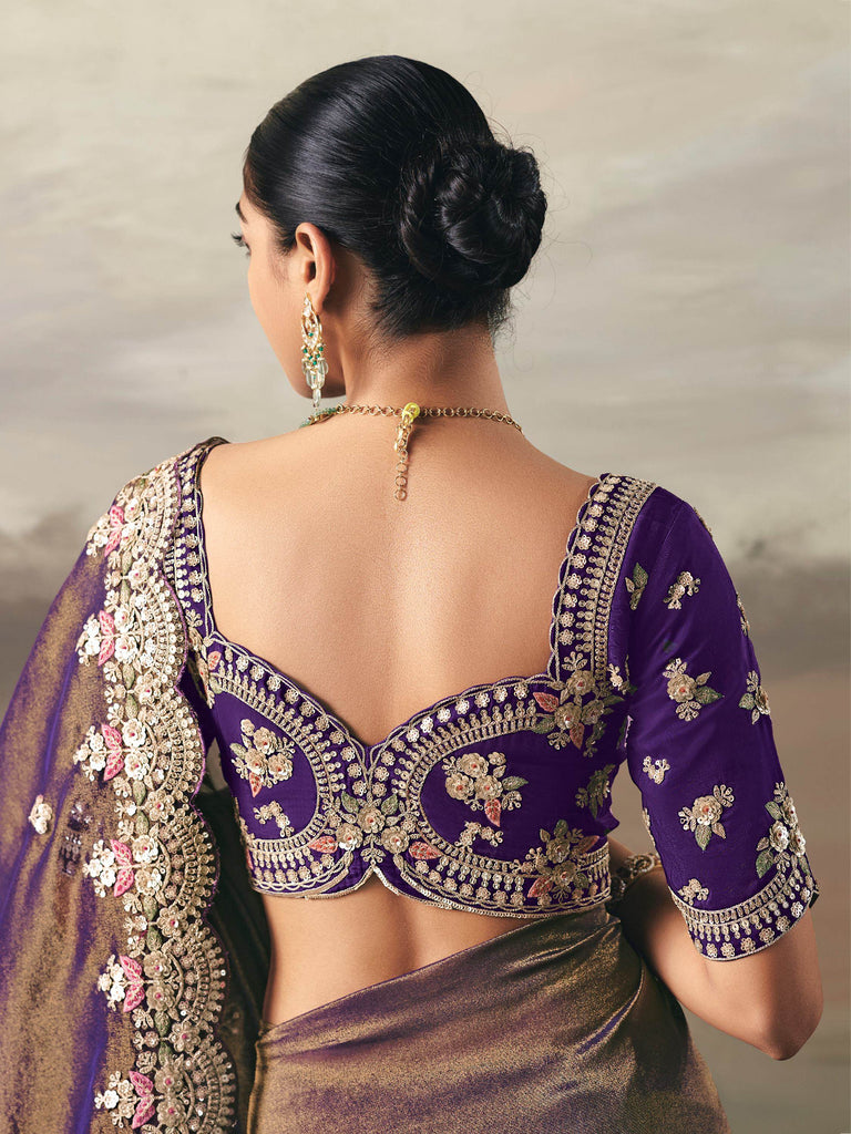 Stunning Brown Shaded Diamond Work Silk Party Wear Saree With Blouse