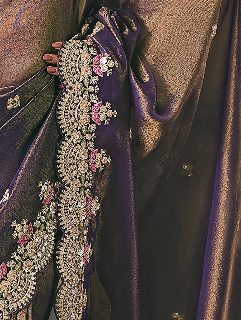 Stunning Brown Shaded Diamond Work Silk Party Wear Saree With Blouse