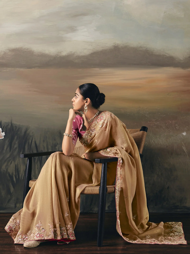 Elegant Cream Sequins Embroidered Silk Reception Wear Saree With Blouse