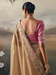 Elegant Cream Sequins Embroidered Silk Reception Wear Saree With Blouse