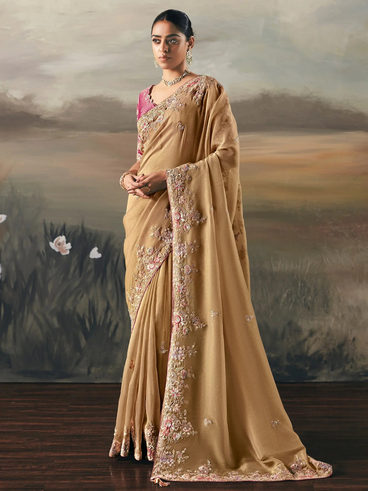 Elegant Cream Sequins Embroidered Silk Reception Wear Saree With Blouse