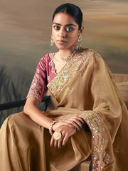 Elegant Cream Sequins Embroidered Silk Reception Wear Saree With Blouse