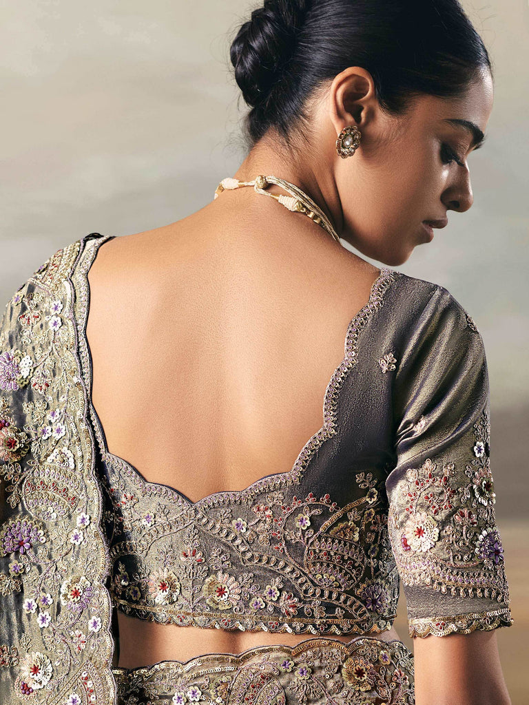 Glamorous Grey Zari Embroidered Silk Wedding Wear Saree With Blouse