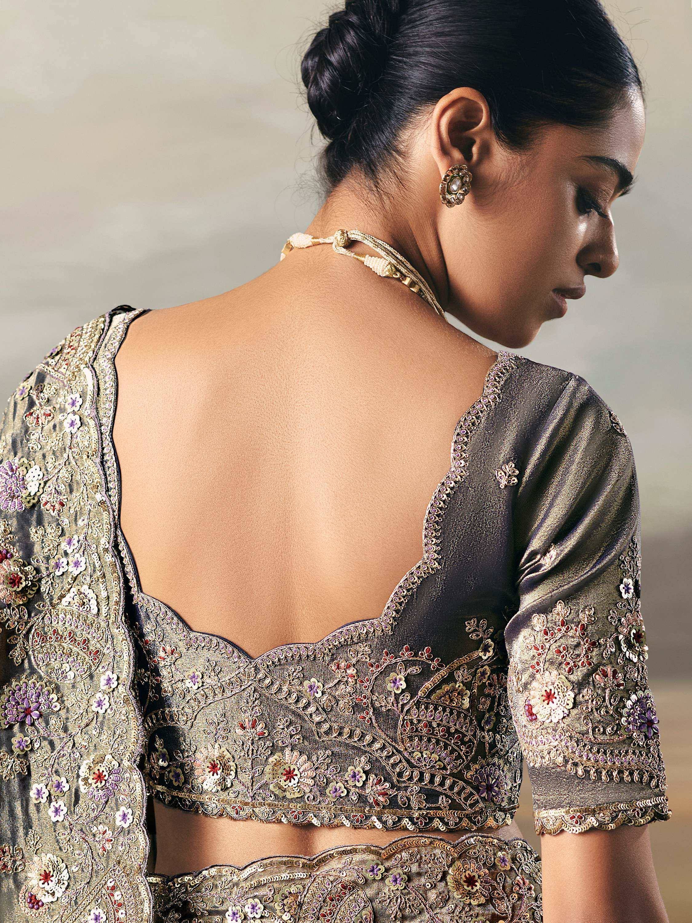 Glamorous Grey Zari Embroidered Silk Wedding Wear Saree With Blouse