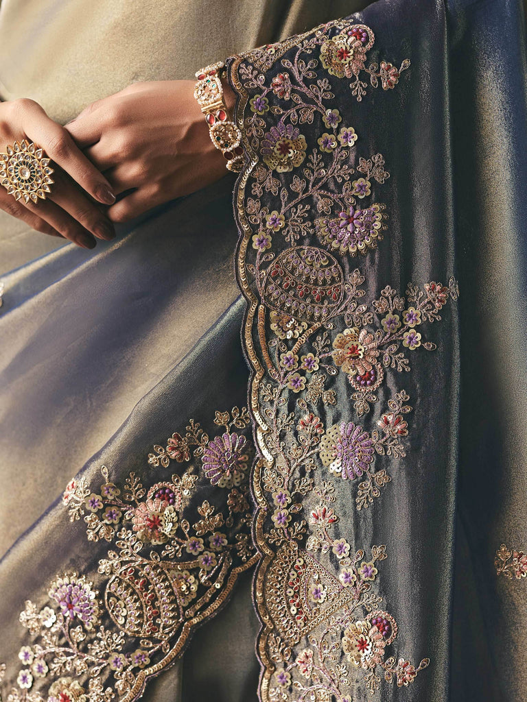 Glamorous Grey Zari Embroidered Silk Wedding Wear Saree With Blouse