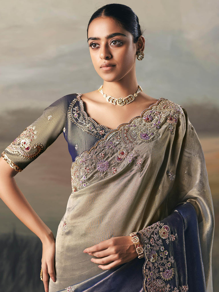 Glamorous Grey Zari Embroidered Silk Wedding Wear Saree With Blouse