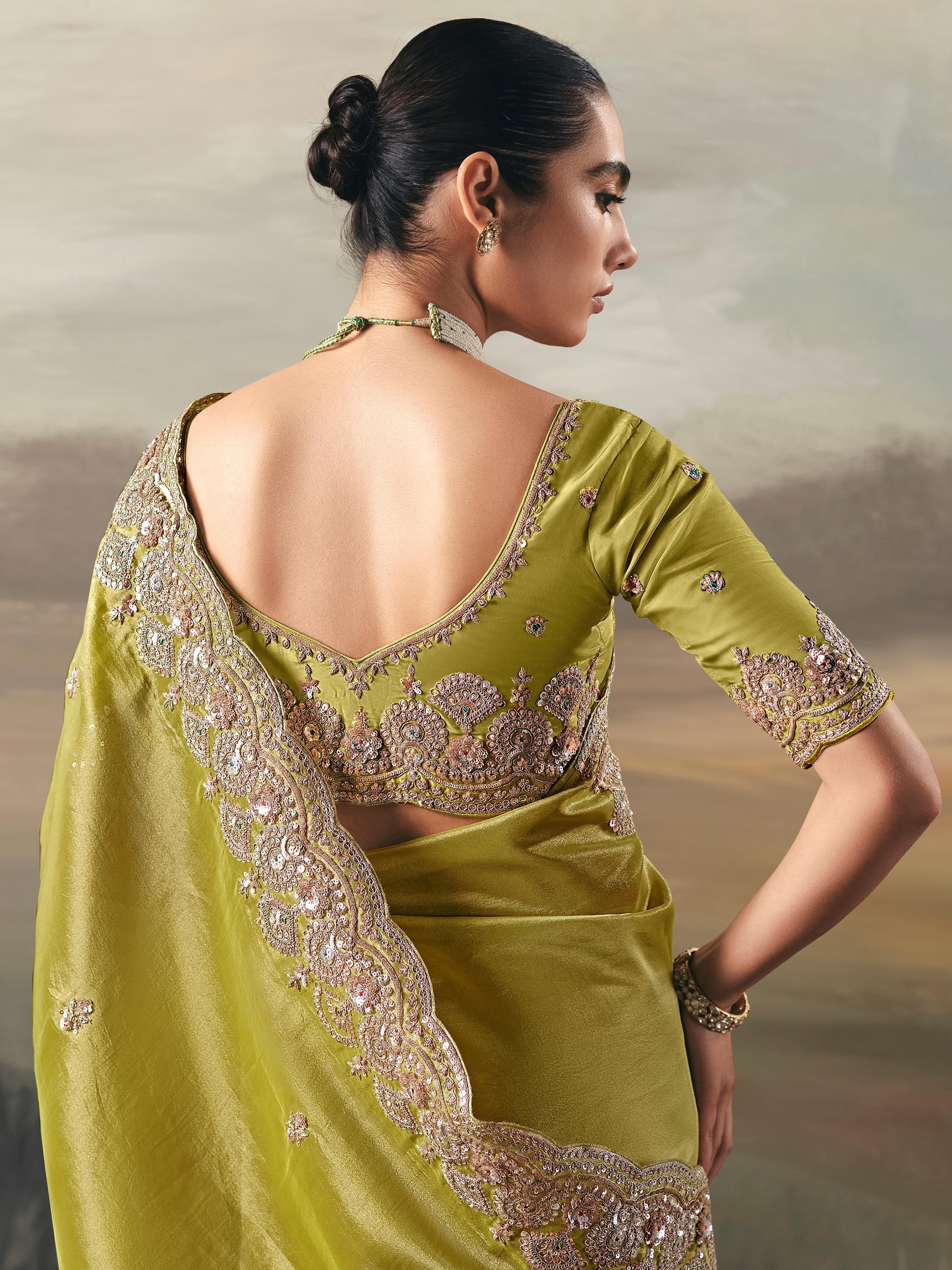 Gorgeous Green Sequins Embroidered Silk Festive Wear Saree With Blouse