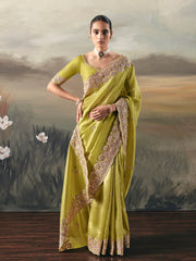 Gorgeous Green Sequins Embroidered Silk Festive Wear Saree With Blouse