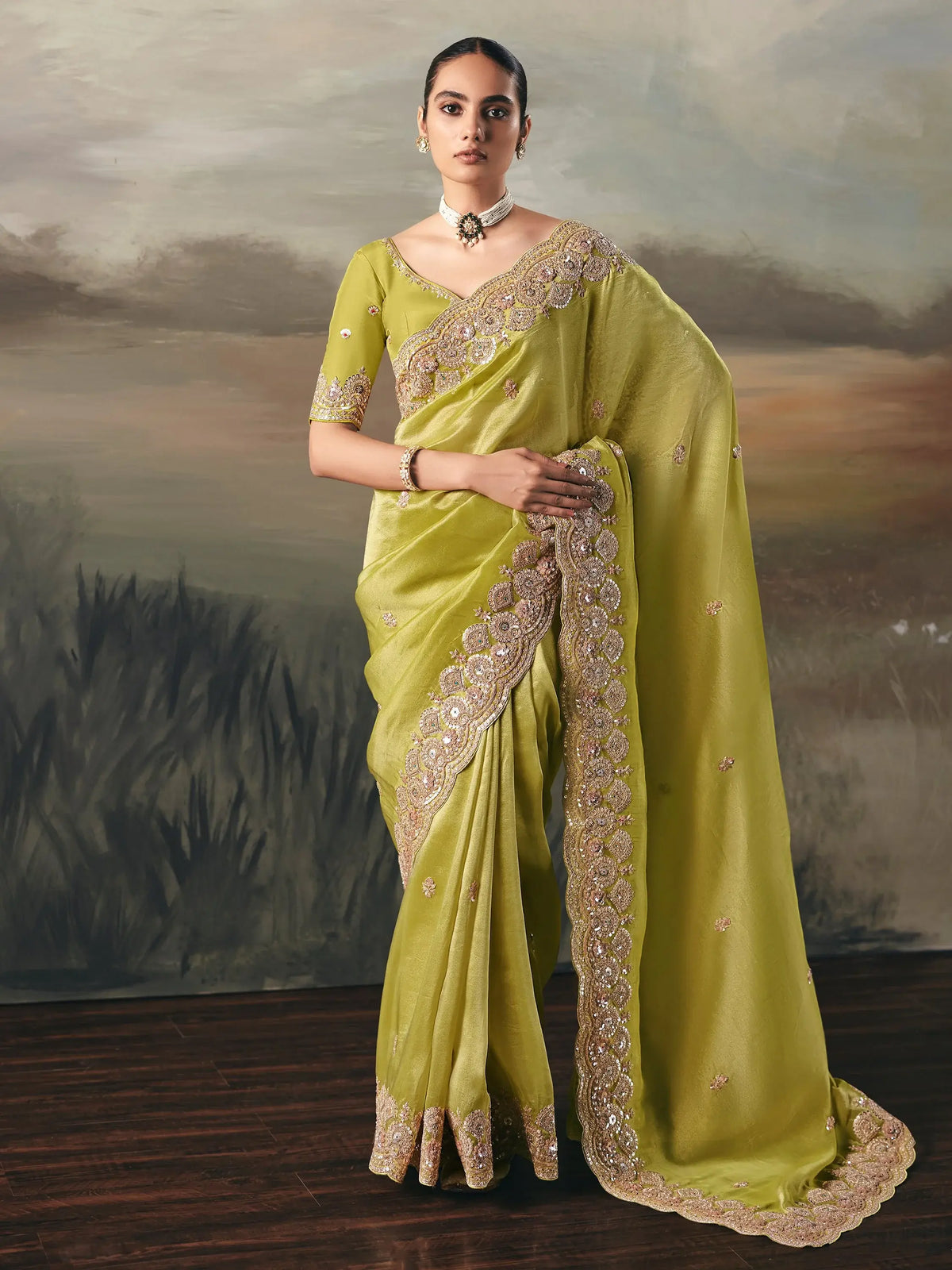 Gorgeous Green Sequins Embroidered Silk Festive Wear Saree With Blouse