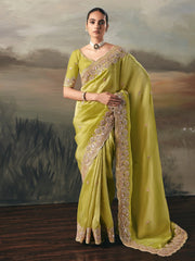 Gorgeous Green Sequins Embroidered Silk Festive Wear Saree With Blouse