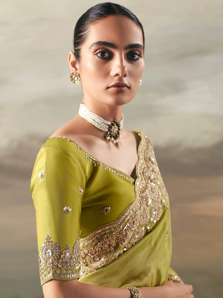 Gorgeous Green Sequins Embroidered Silk Festive Wear Saree With Blouse