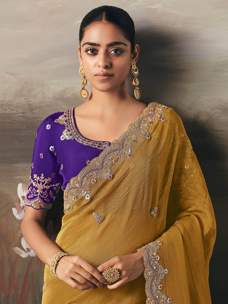 Pretty Yellow Stone Work Silk Wedding Wear Saree With Blouse