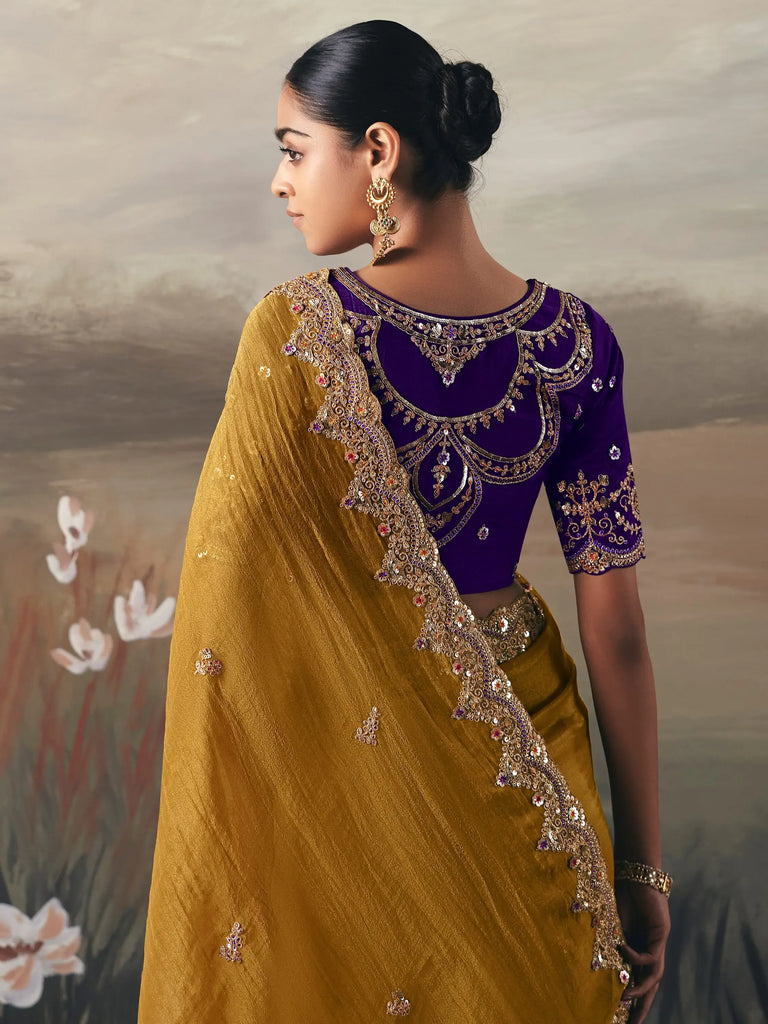 Pretty Yellow Stone Work Silk Wedding Wear Saree With Blouse