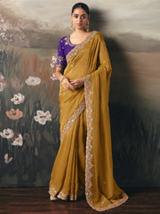 Pretty Yellow Stone Work Silk Wedding Wear Saree With Blouse