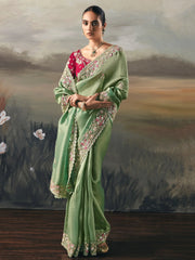 Precious Green Sequins Embroidered Silk Reception Wear Saree With Blouse