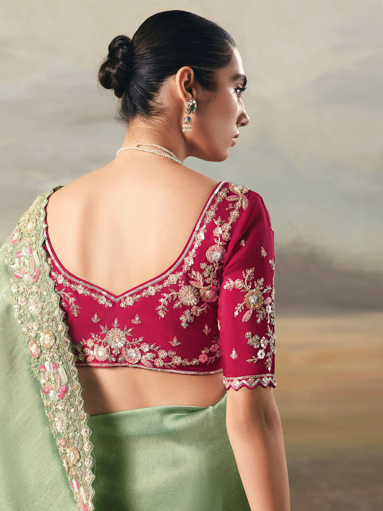 Precious Green Sequins Embroidered Silk Reception Wear Saree With Blouse