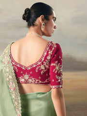 Precious Green Sequins Embroidered Silk Reception Wear Saree With Blouse