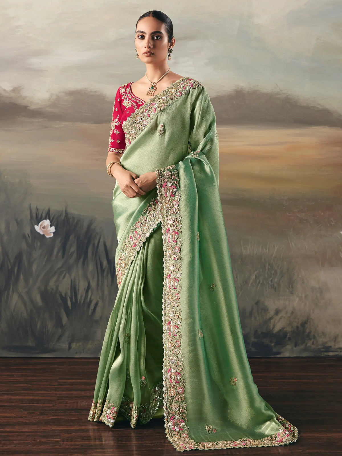 Precious Green Sequins Embroidered Silk Reception Wear Saree With Blouse
