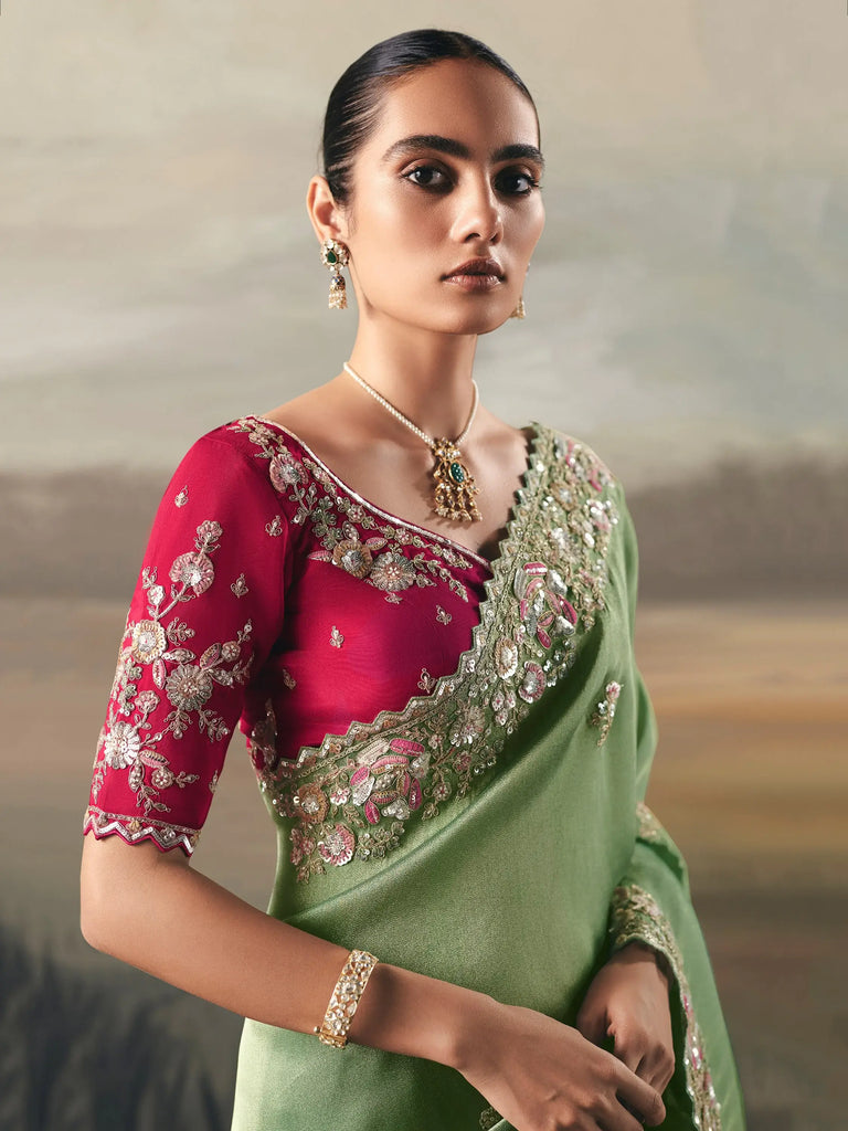 Precious Green Sequins Embroidered Silk Reception Wear Saree With Blouse