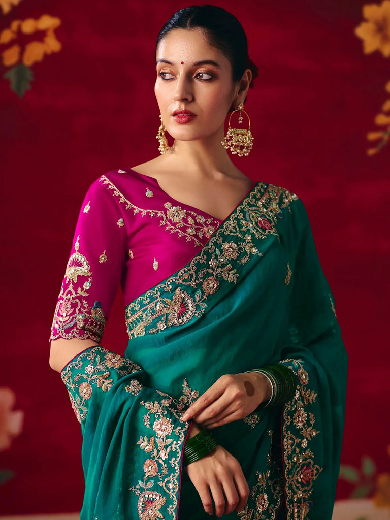 Impressive Green Embroidered Silk Wedding Wear Saree With Blouse