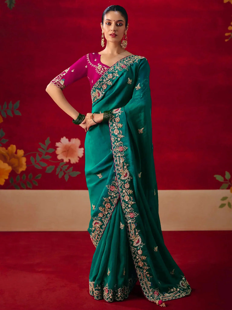 Impressive Green Embroidered Silk Wedding Wear Saree With Blouse