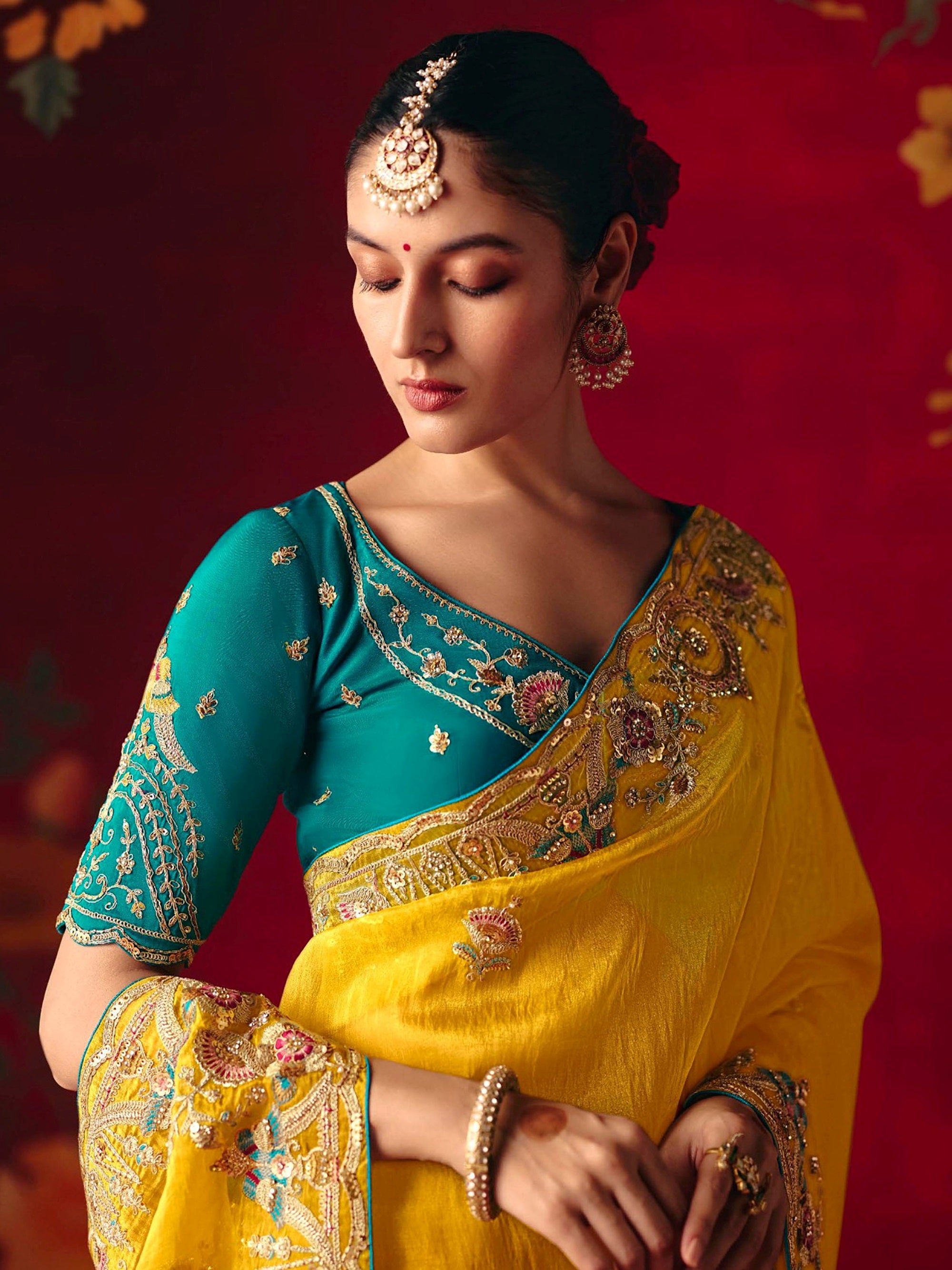 Stylish Yellow Embroidered Organza Haldi Wear Saree With Blouse