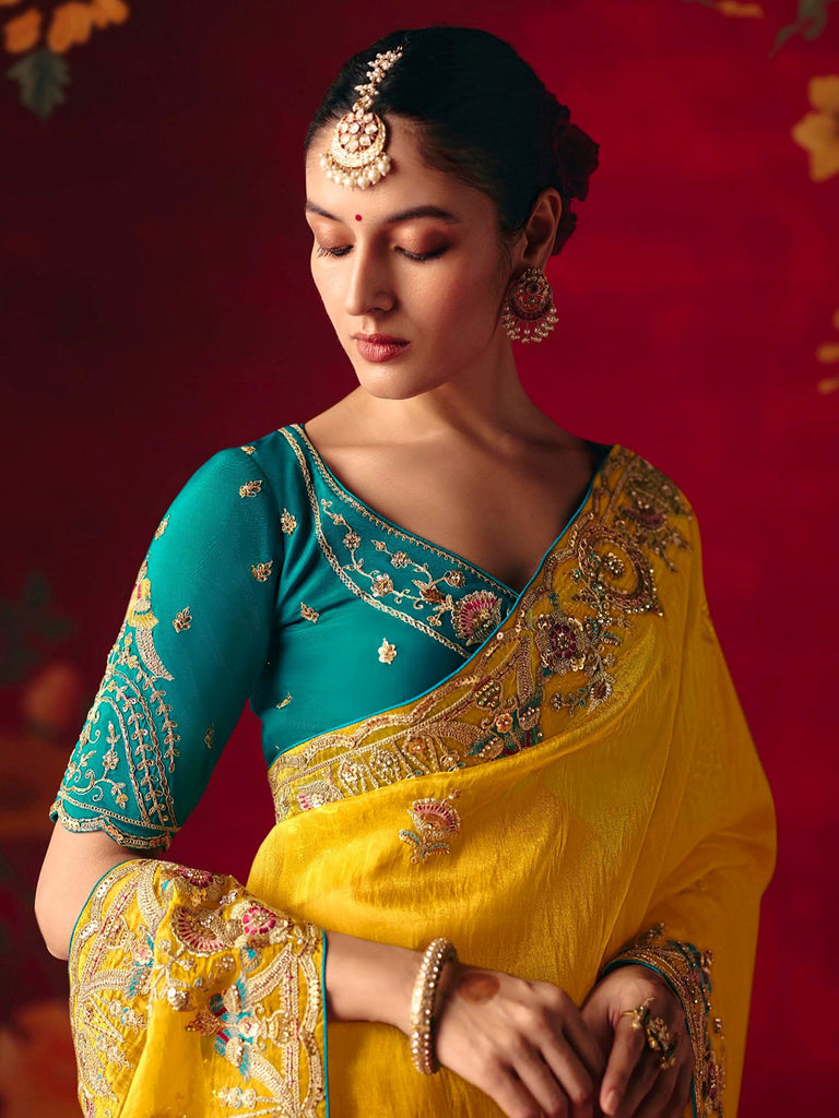Stylish Yellow Embroidered Organza Haldi Wear Saree With Blouse