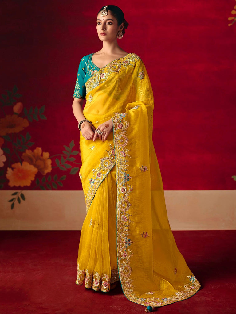 Stylish Yellow Embroidered Organza Haldi Wear Saree With Blouse