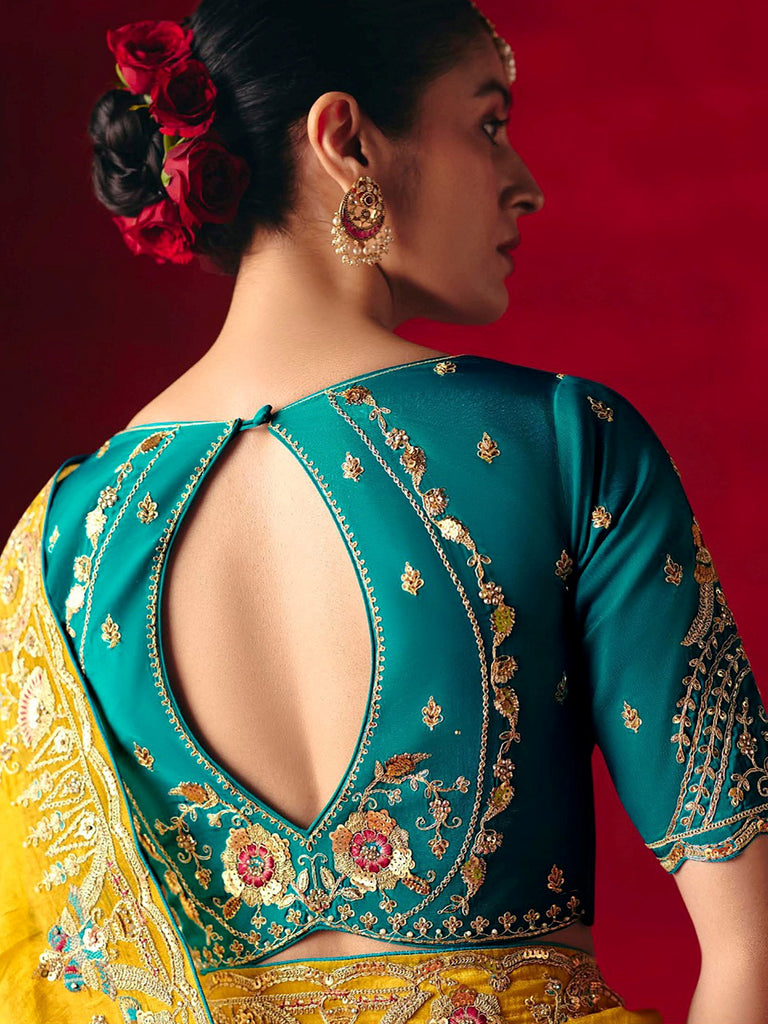 Stylish Yellow Embroidered Organza Haldi Wear Saree With Blouse