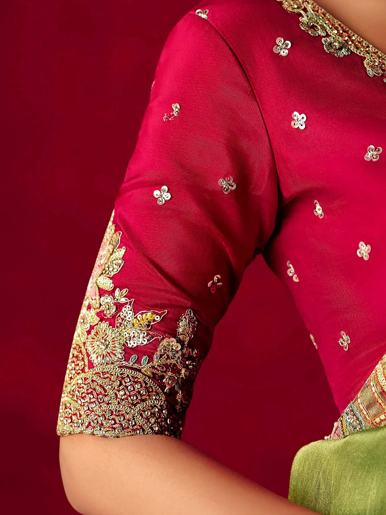 Lovely Green Embroidered Organza Wedding Wear Saree With Blouse