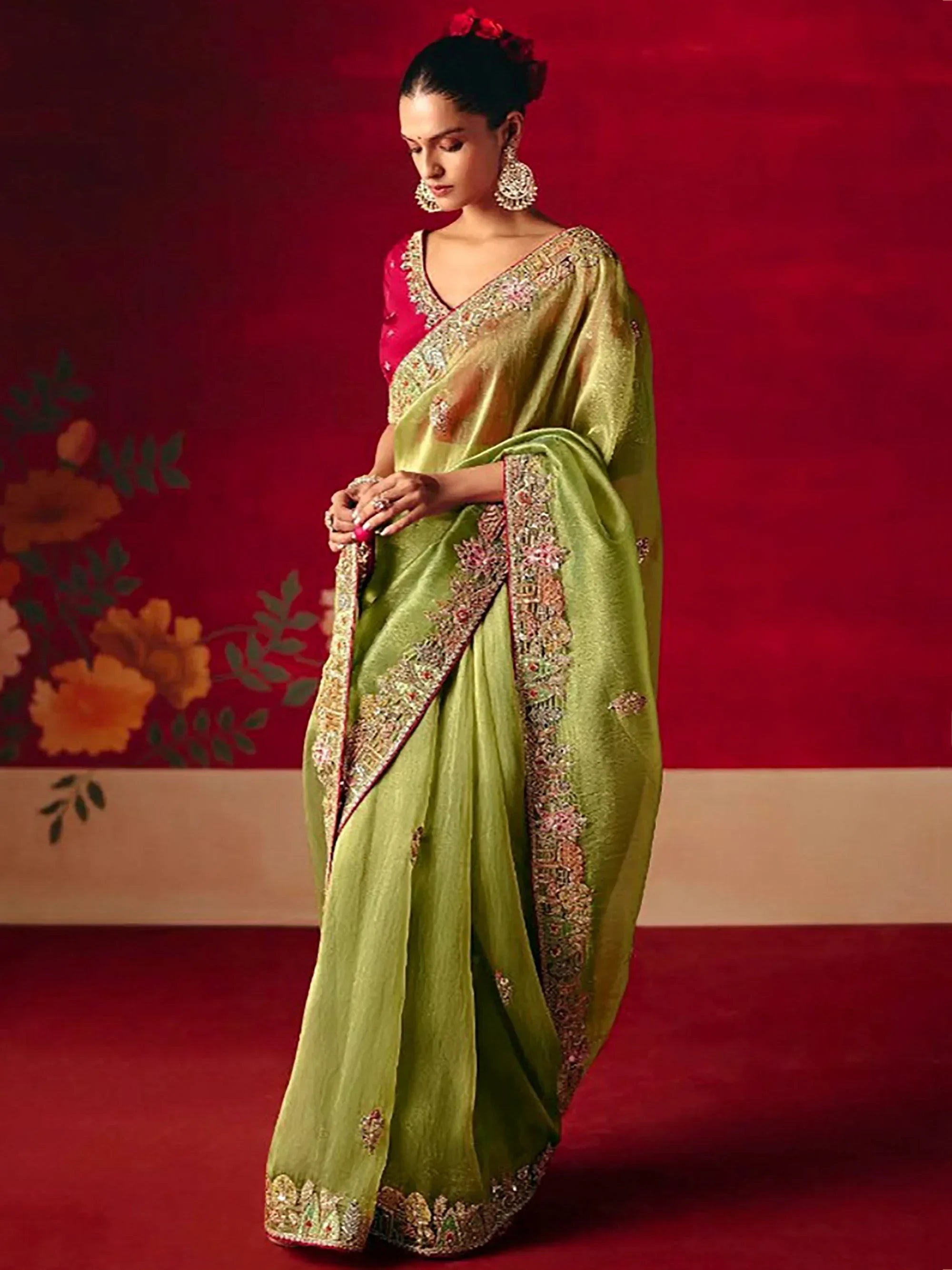 Lovely Green Embroidered Organza Wedding Wear Saree With Blouse 