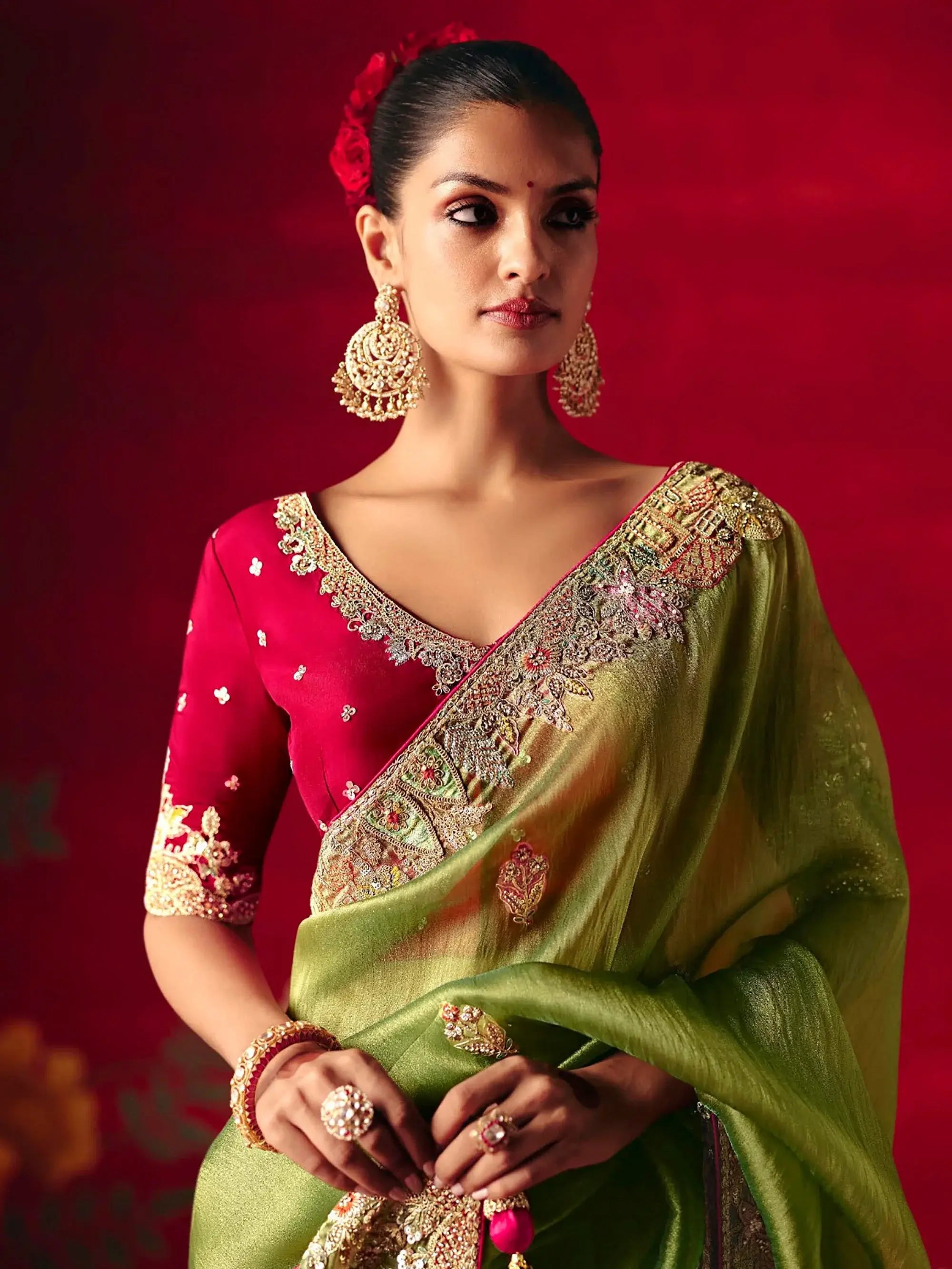 Lovely Green Embroidered Organza Wedding Wear Saree With Blouse