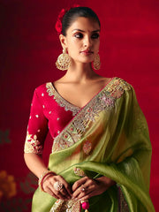 Lovely Green Embroidered Organza Wedding Wear Saree With Blouse