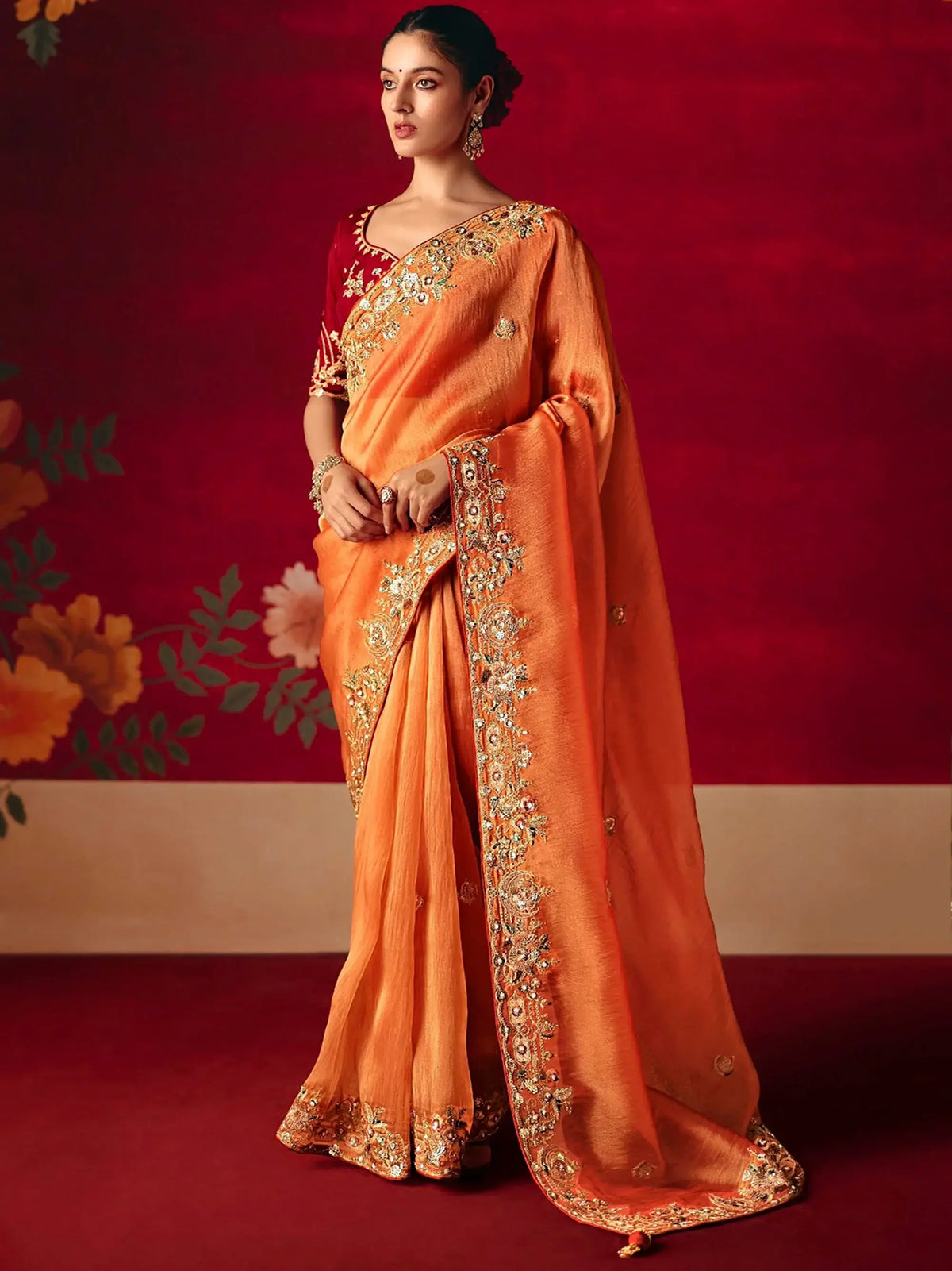Pretty Orange Embroidered Organza Festive Wear Saree With Blouse
