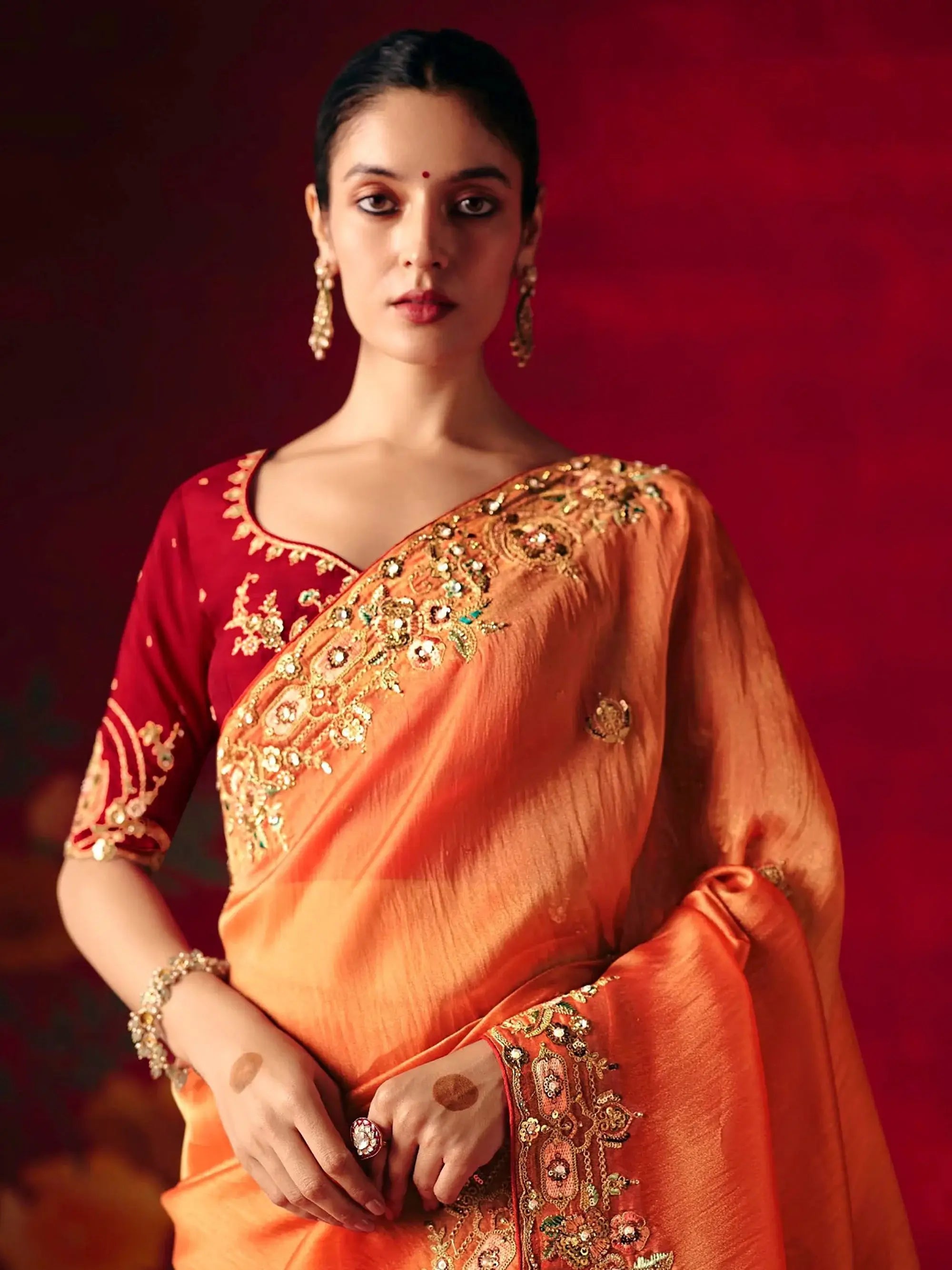 Pretty Orange Embroidered Organza Festive Wear Saree With Blouse
