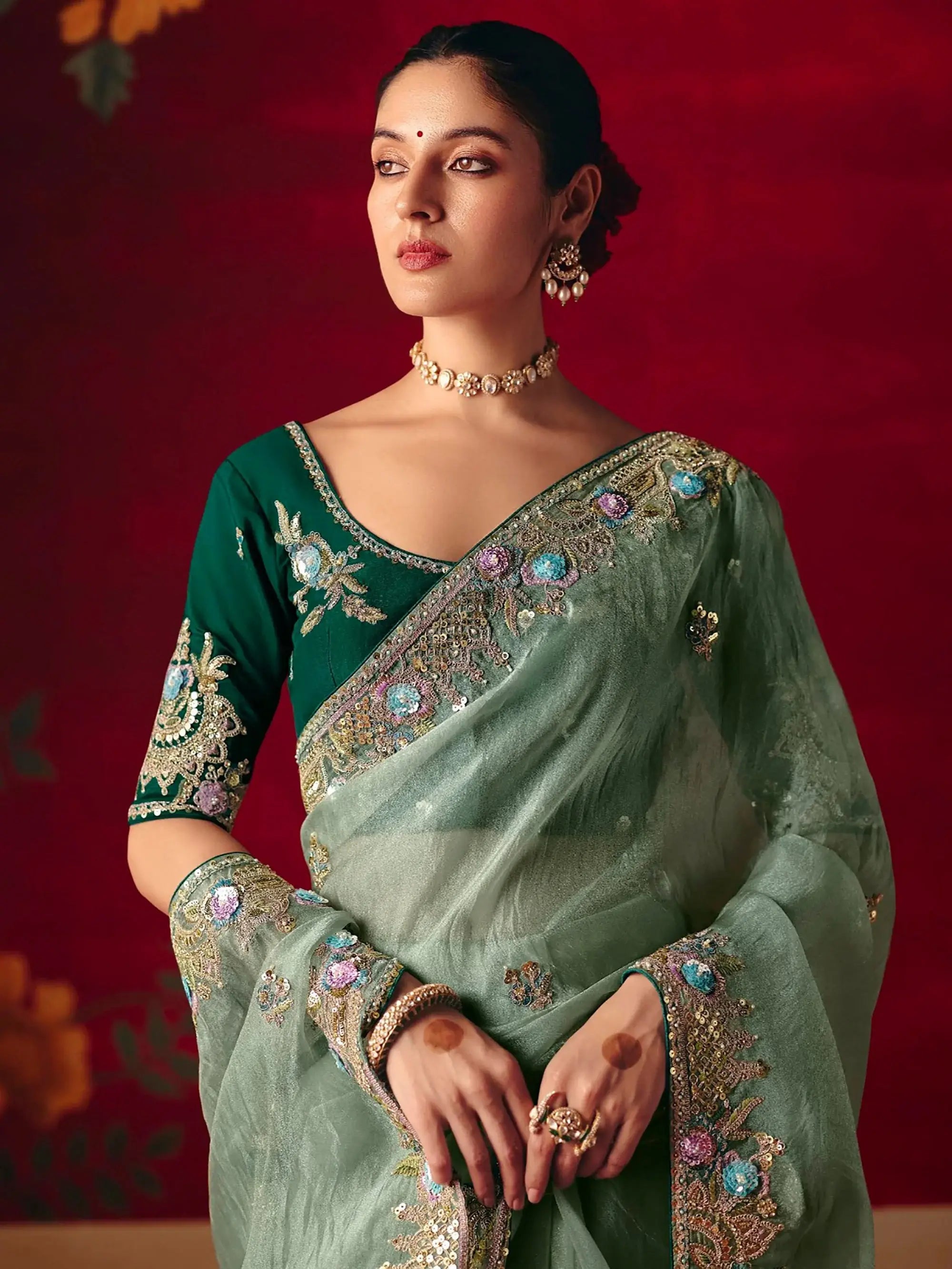 Attractive Green Embroidered Organza Wedding Wear Saree With Blouse