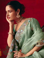 Attractive Green Embroidered Organza Wedding Wear Saree With Blouse