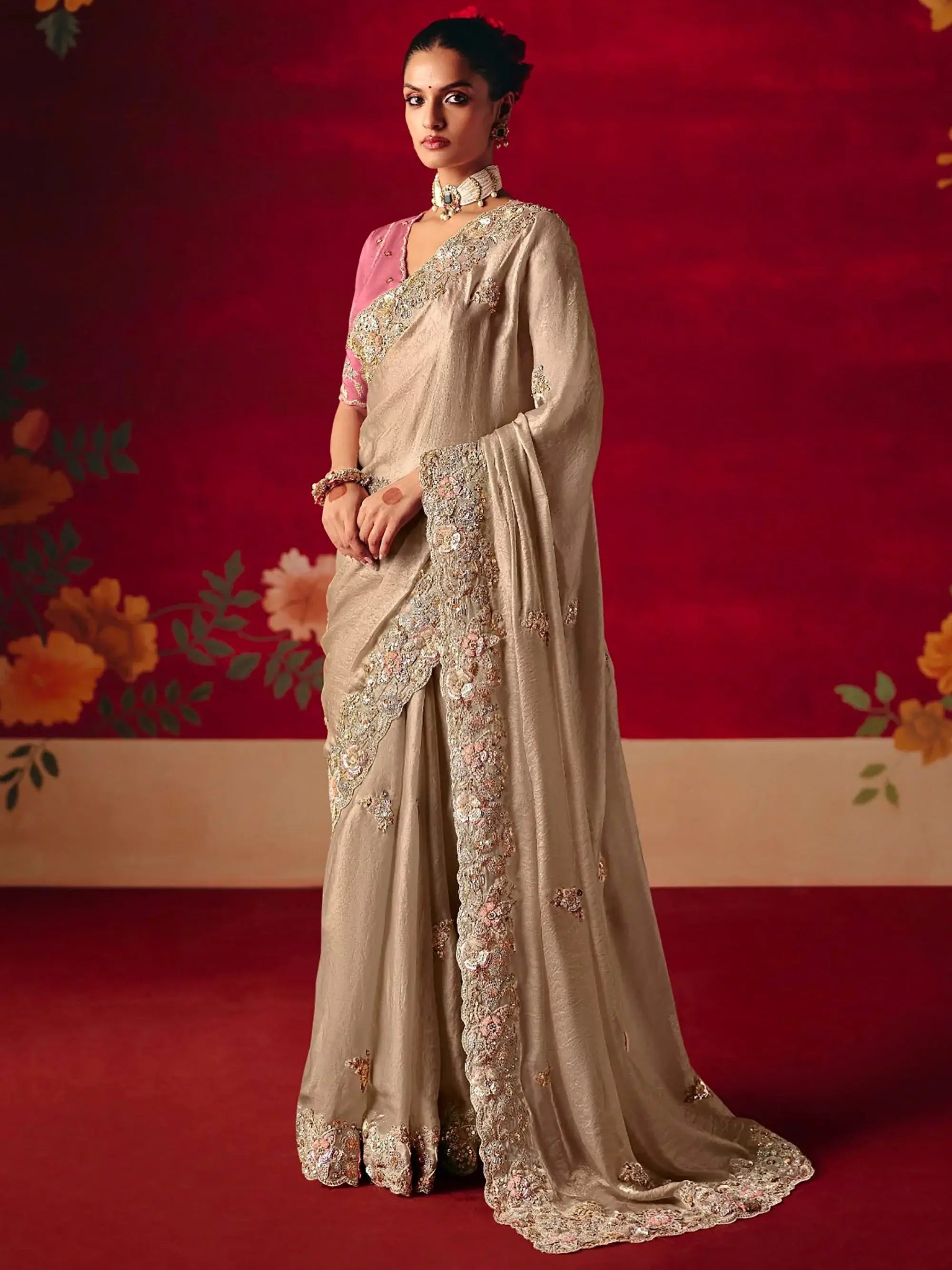 Awesome Beige Embroidered Silk Engagement Wear Saree With Blouse