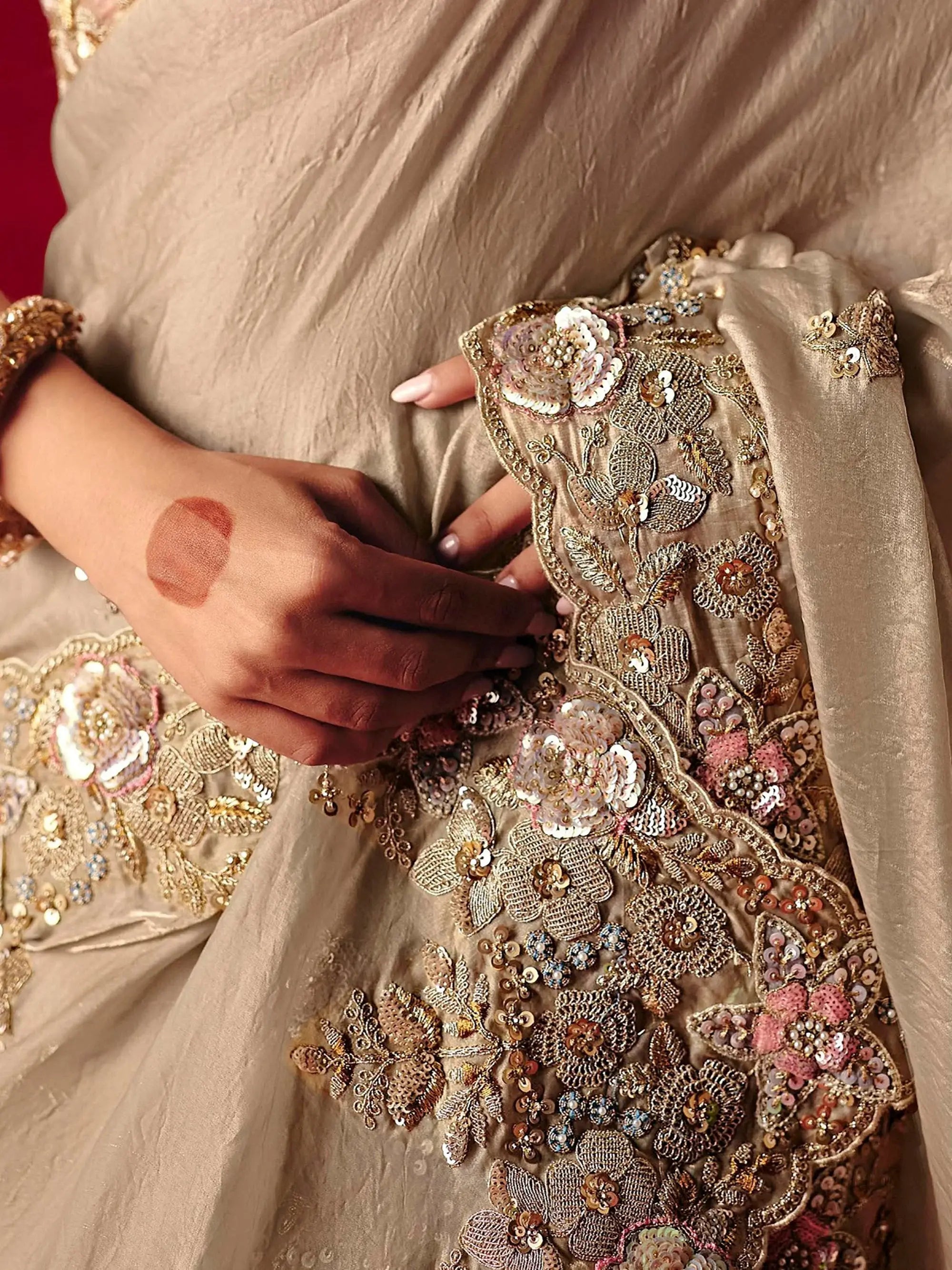 Awesome Beige Embroidered Silk Engagement Wear Saree With Blouse