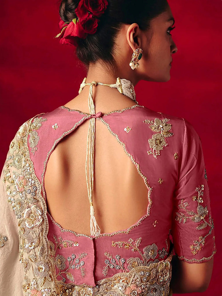 Awesome Beige Embroidered Silk Engagement Wear Saree With Blouse