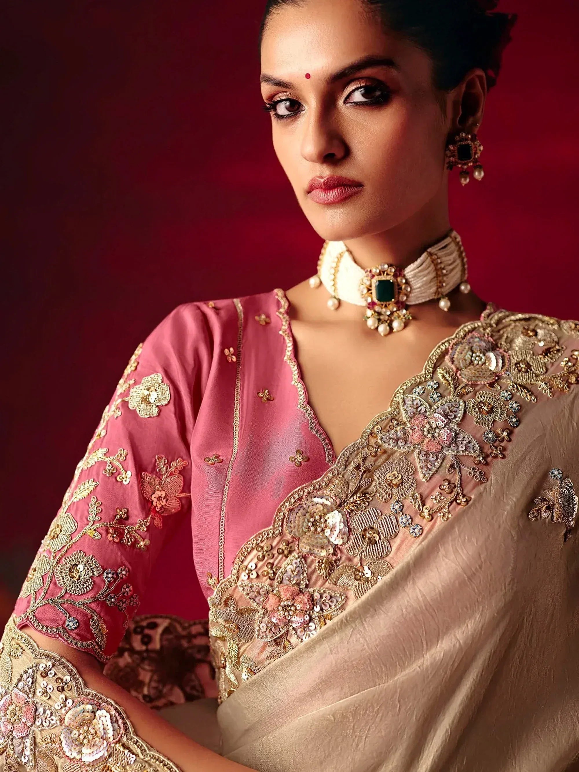 Awesome Beige Embroidered Silk Engagement Wear Saree With Blouse