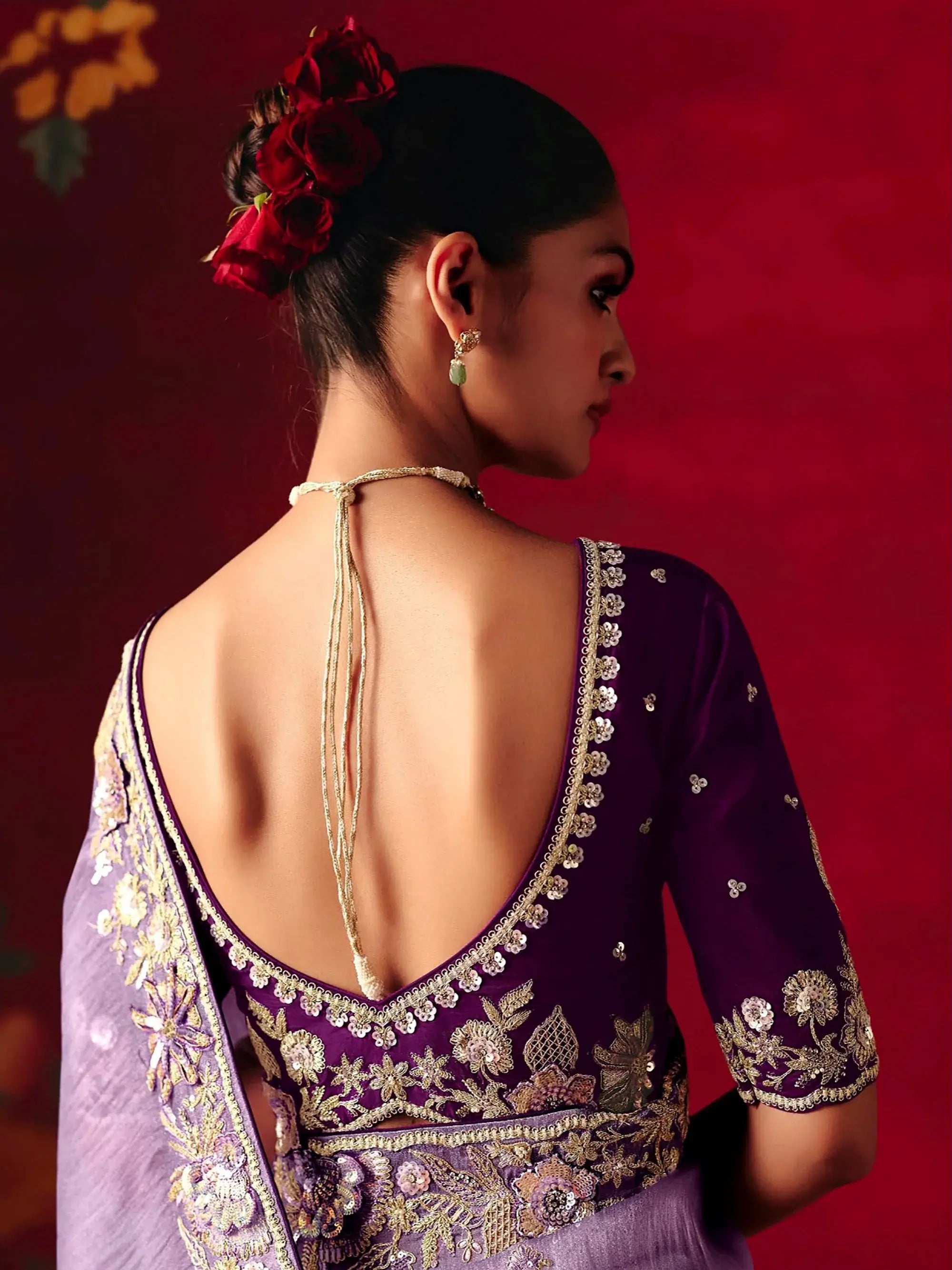 Glamorous Purple Embroidered Organza Wedding Wear Saree With Blouse